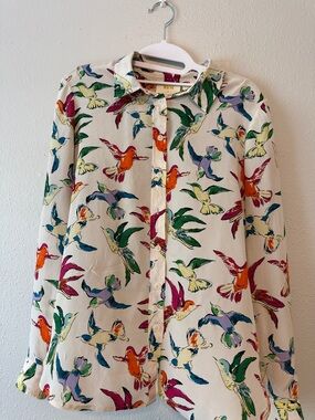 Anthropologie Cream Button-Down Shirt with Multicolor Bird Print 100% Silk